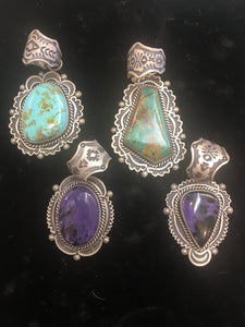 Charoite and turquoise pendants